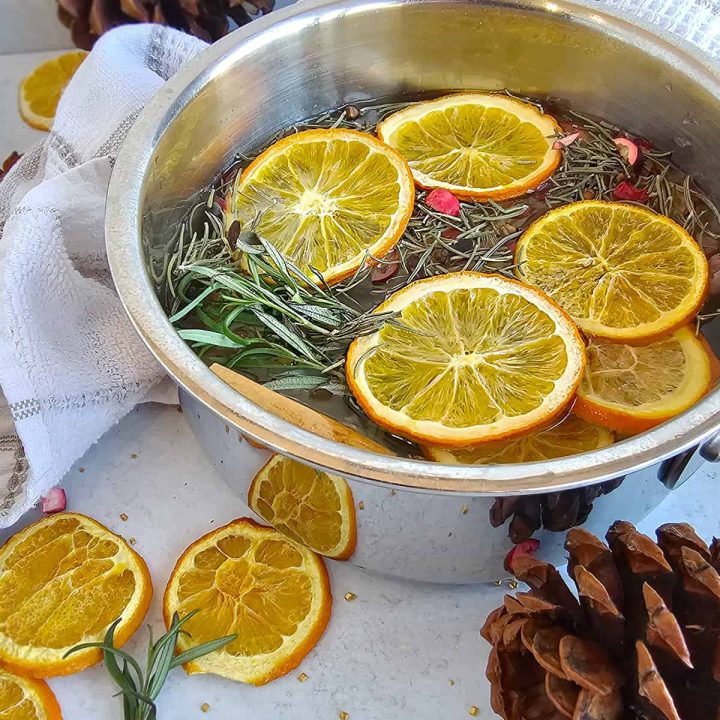 A pot with orange slices and pine cones.