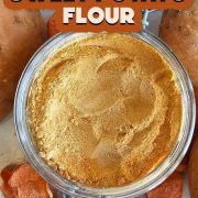 Sweet potato flour in a jar with the text diy sweet potato flour.