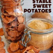 A jar of dehydrated sweet potato slices with a jar of sweet potato flour.