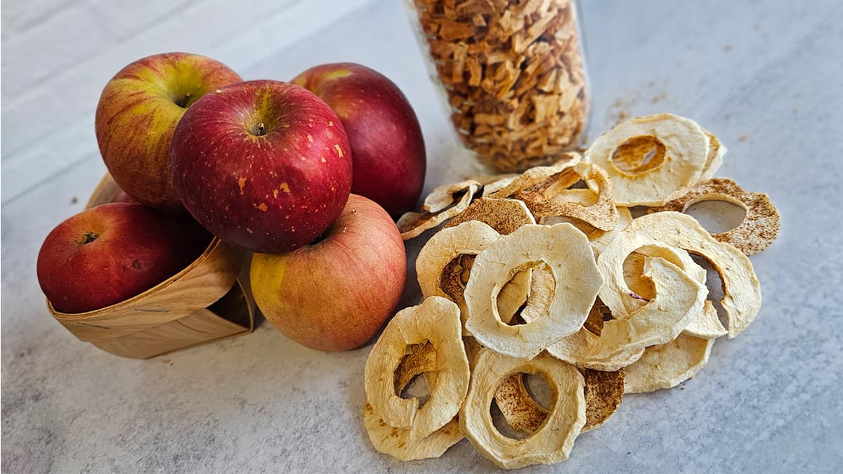 A jar of dried apple pieces, dried apple rings on the table and a basket of fresh apples.