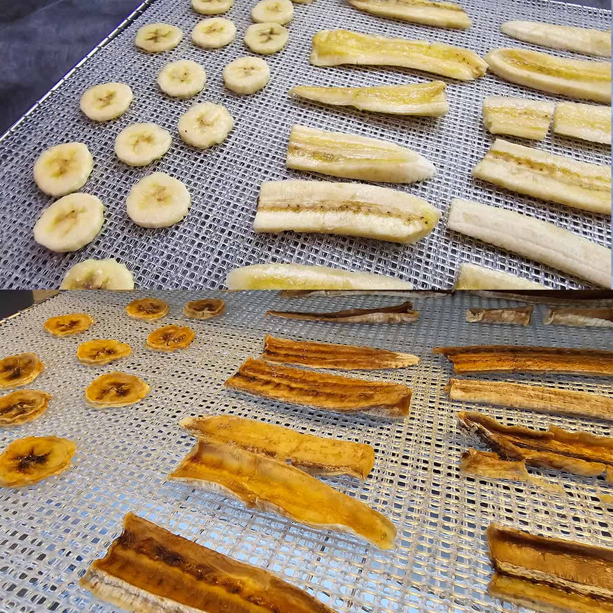 Two pictures of banana slices on a cooling rack.