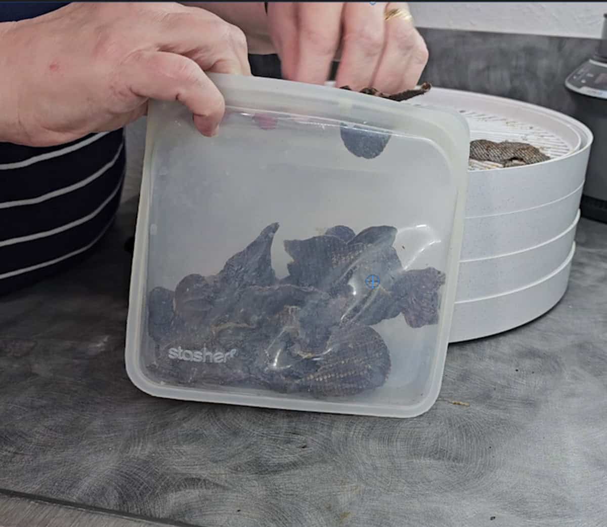 Hands holding an open reusable silicone bag containing dried chicken liver jerky for dogs on a kitchen counter.