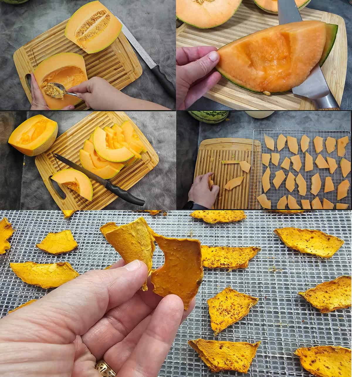 A step-by-step process of preparing cantaloupe jerky. Slicing a cantaloupe, arranging pieces, dehydrating, and showing the finished jerky.