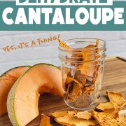 A guide on dehydrating cantaloupe. Shows fresh and dehydrated cantaloupe pieces in and around a mason jar on a wooden surface, with text "How to Dehydrate Cantaloupe" and "Yes, it's a thing!.