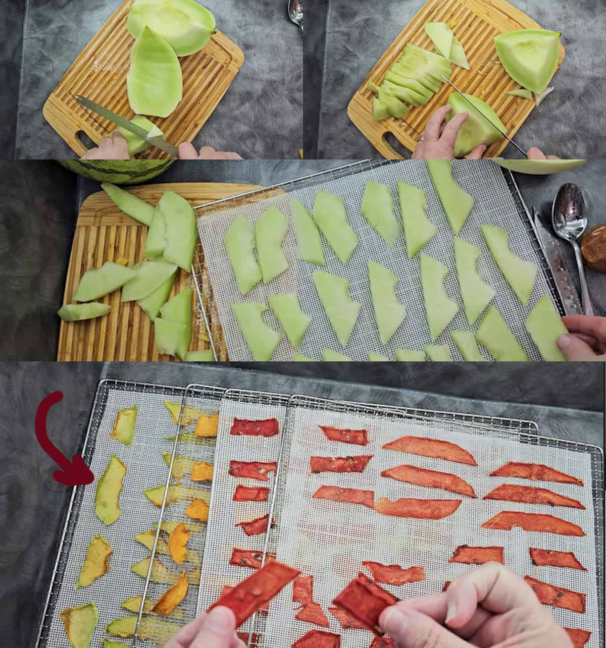 Three-step photo collage showing the process of preparing and dehydrating honeydew melon slices: Slicing melon, placing slices on dehydrator trays, and comparing fresh green slices to dried red slices.