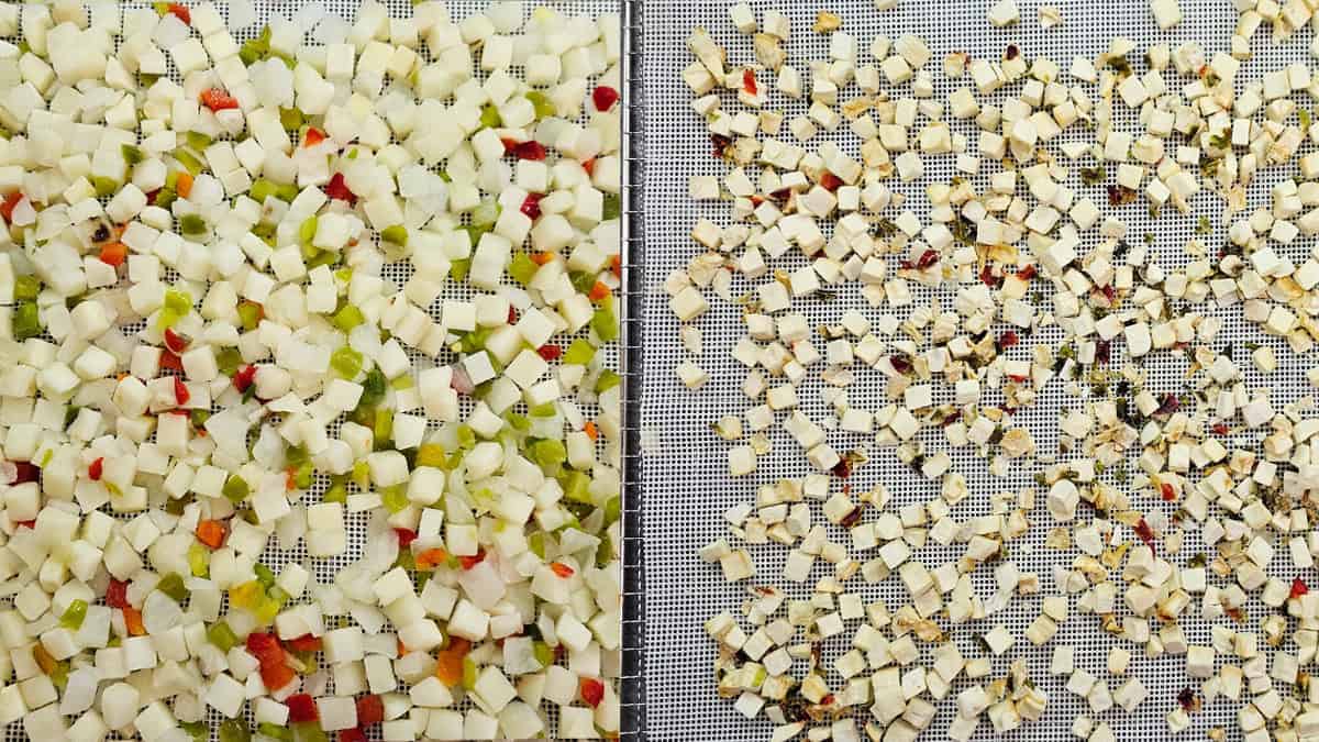 Diced Potatoes O'Brien on a mesh screen, with fresh pieces on the left and dehydrated pieces on the right.