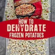 Before and After of dehydrated potatoes made from frozen Potatoes O'Brien. Text overlay reads "How to Dehydrate Frozen Potatoes.