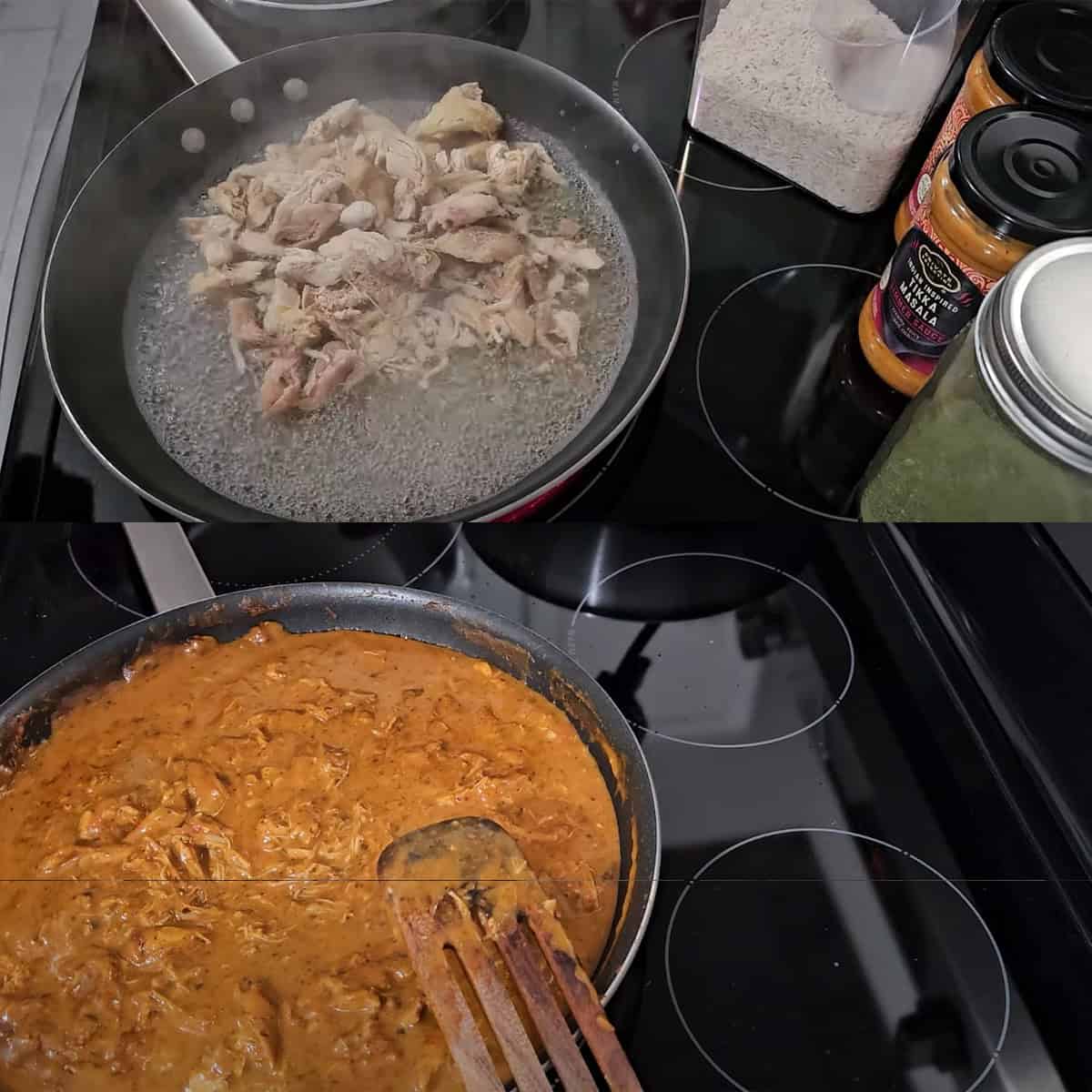 Top image shows freeze-dried chicken pieces simmering in a pan. Bottom image displays a creamy, orange sauce with chicken cooking in a pan on a stovetop.