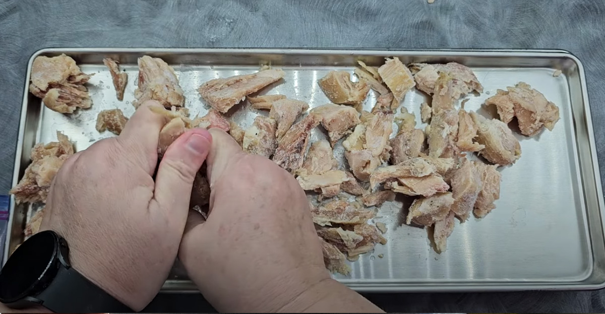 Hands placing frozen chicken onto freeze dryer trays for freeze drying.